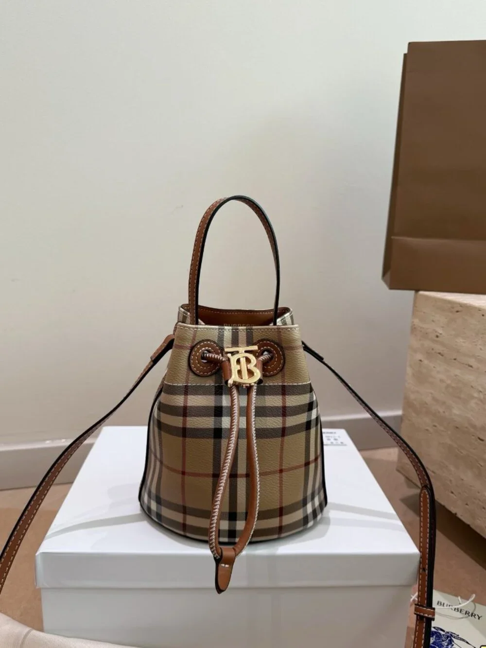 Burberry Mini Vintage Check TB Drawstring Bucket Crossbody Bag